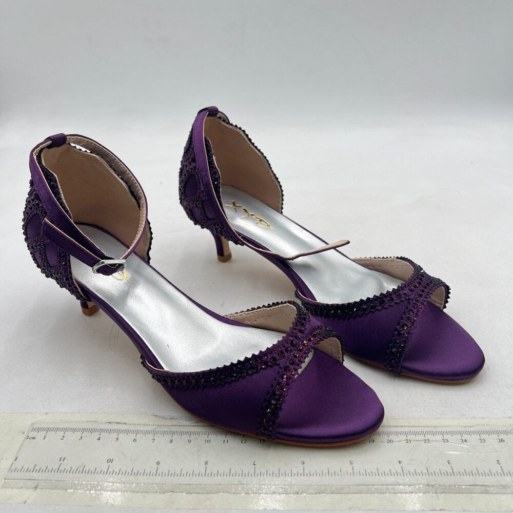 XYD Dark Purple Peep Toe D'Orsay Kitten Low Heel Rhinestone Ankle Strap Sandal - Picture 4 of 8